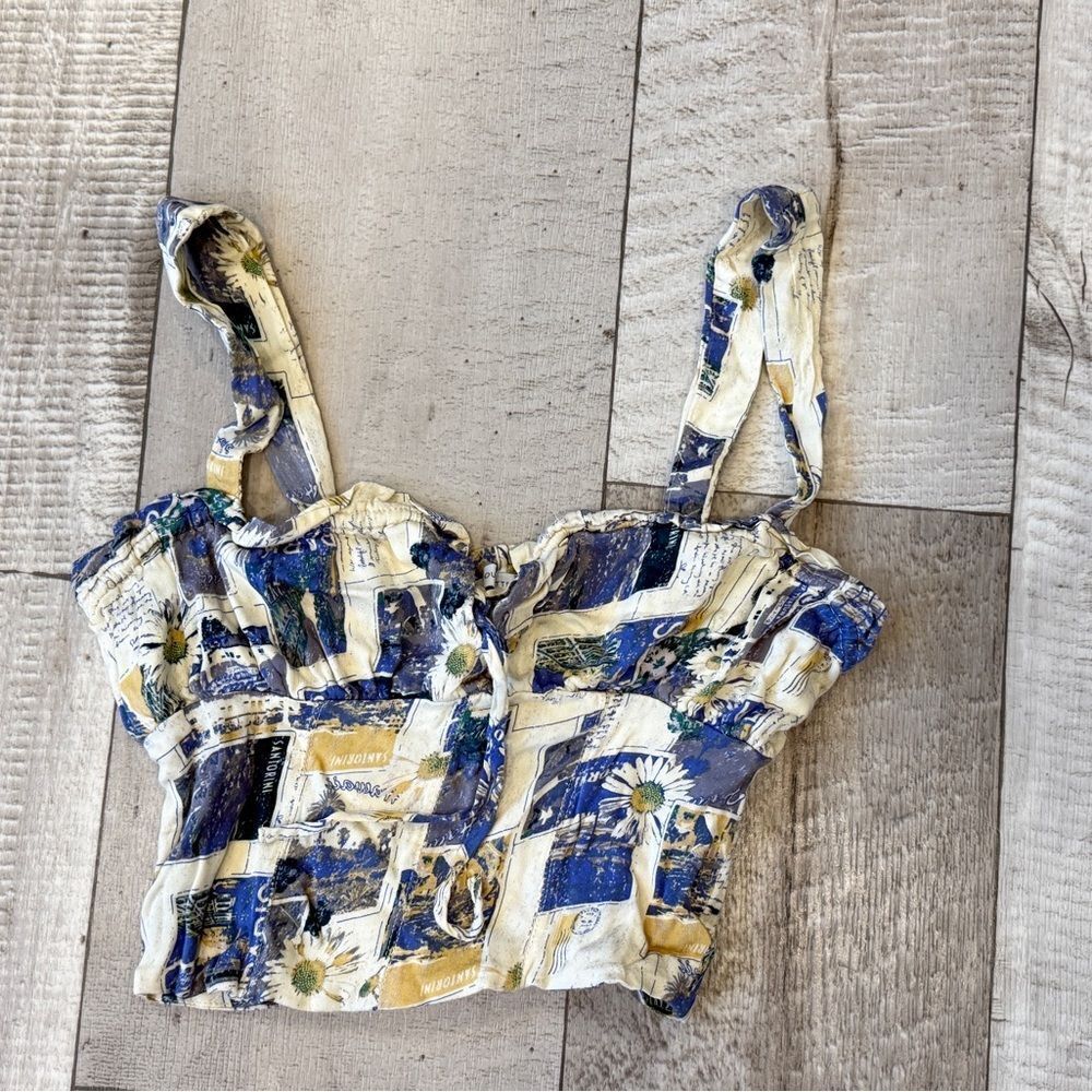Urban Outfitters Postcard Daisy Print Bustier Crop Top Blue Yellow Small